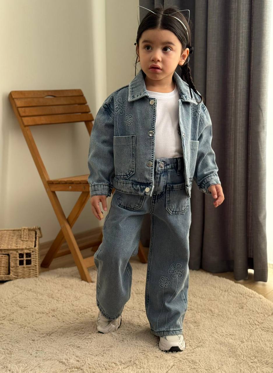 Nakış detaylı 3lü denim takım