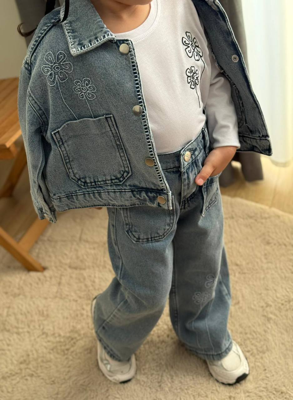 Nakış detaylı 3lü denim takım