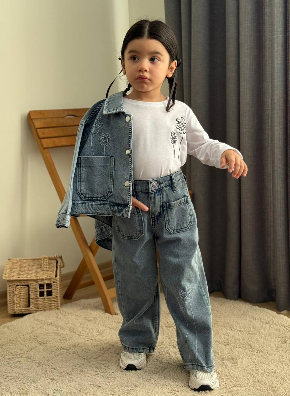 Nakış detaylı 3lü denim takım