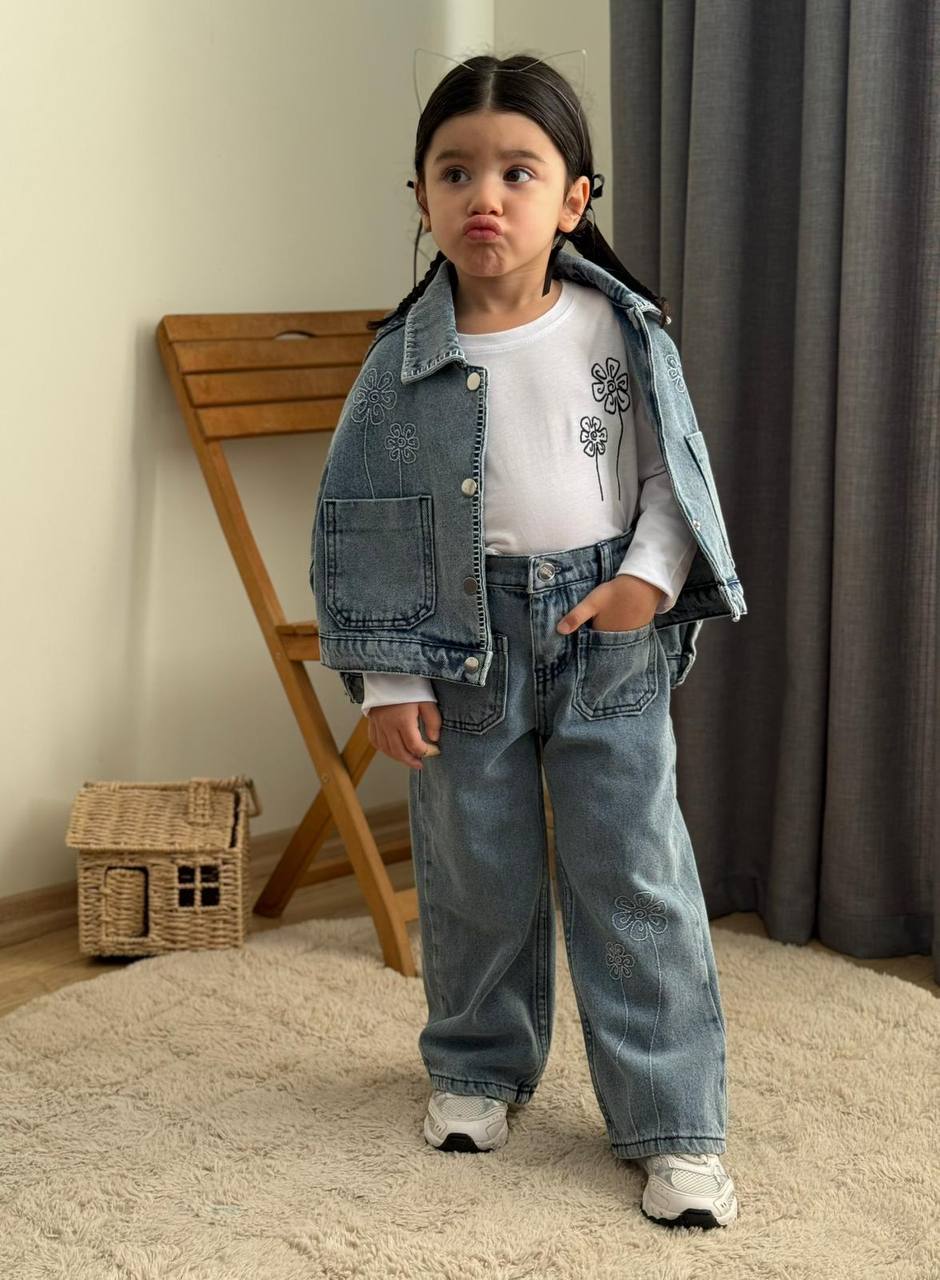 Nakış detaylı 3lü denim takım