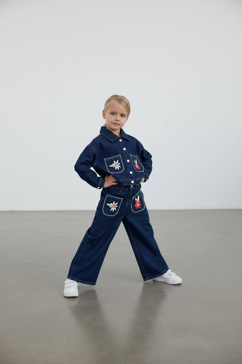 LACİVERT NAKIŞ İŞLEMELİ KOT TAKIM