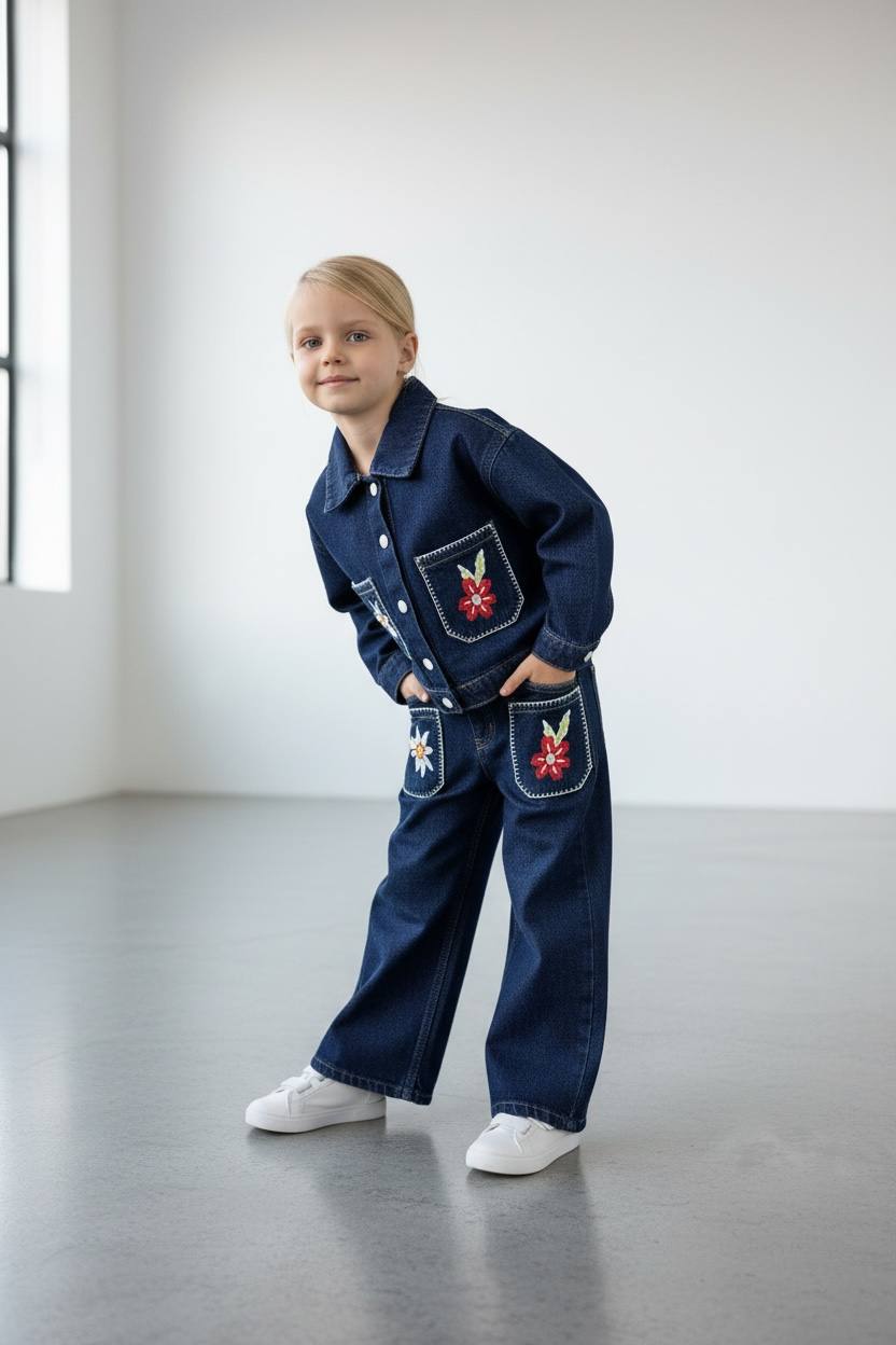 LACİVERT NAKIŞ İŞLEMELİ KOT TAKIM